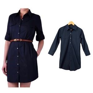 Theory Navy Blue Long Sleeve Cotton Blend Button Down Shirt Dress 6 AS-IS